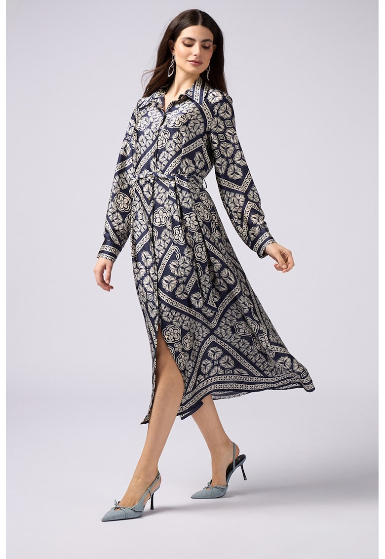 Rochie midi cu imprimeu grafic - Alb fildes/Bleumarin