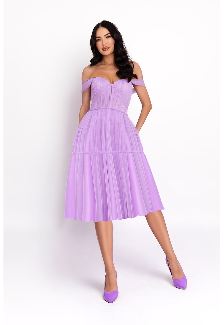 Rochie midi cu croiala in A si bretele cazute pe umeri - Lila