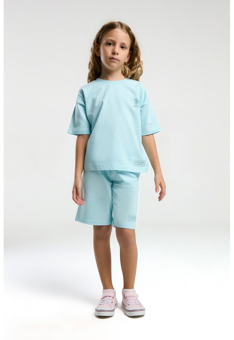 Set de tricou de bumbac cu logo si pantaloni scurti- 2 piese - Albastru deschis