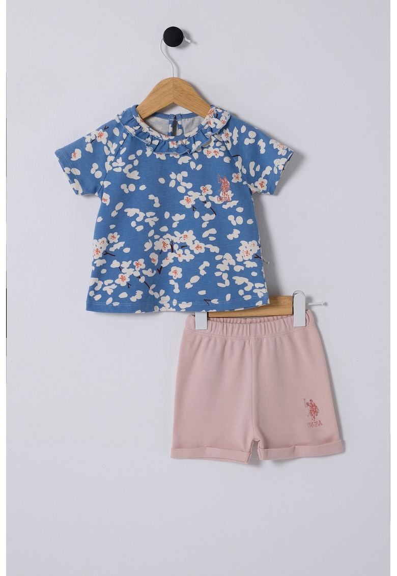 Set de tricou cu model floral si pantaloni scurti cu imprimeu logo