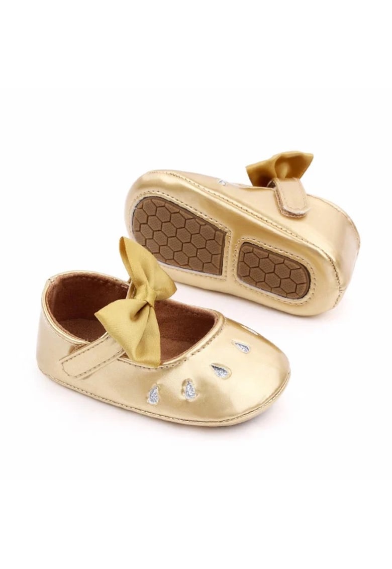 Pantofi Din Lac - Cu Puncte Argintii - Elegant - Piele ecologica - Fete - Velcro - Auriu