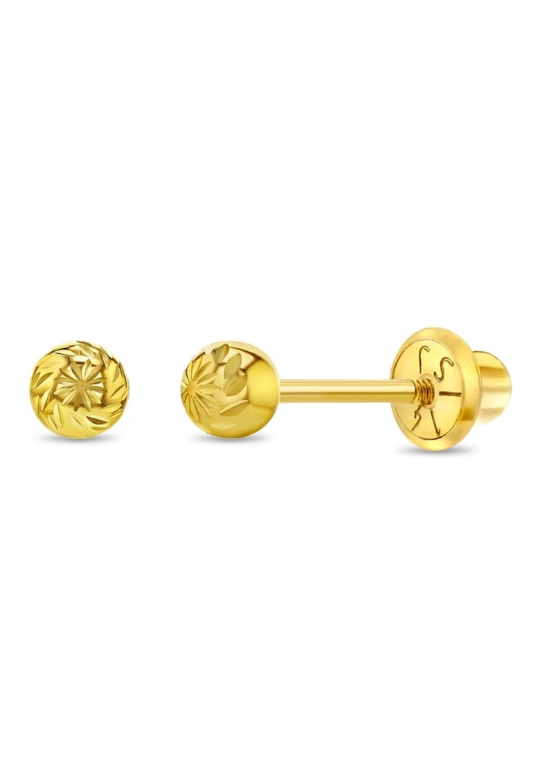 Cercei din Aur 14K pentru Copii - model Biluta Fatetata Diamond-Cut 4 mm - inchidere cu Filet si Protectie