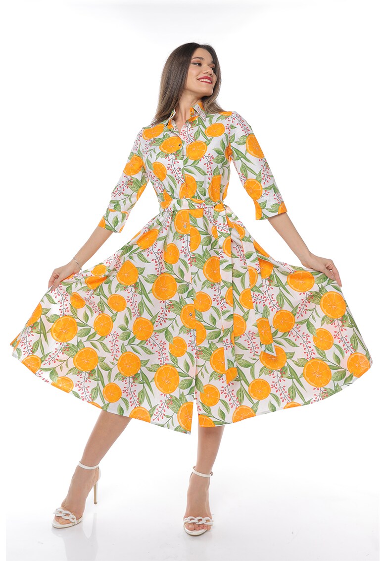 Rochie-camasa evazata cu cordon in talie - Alb/Verde/Portocaliu