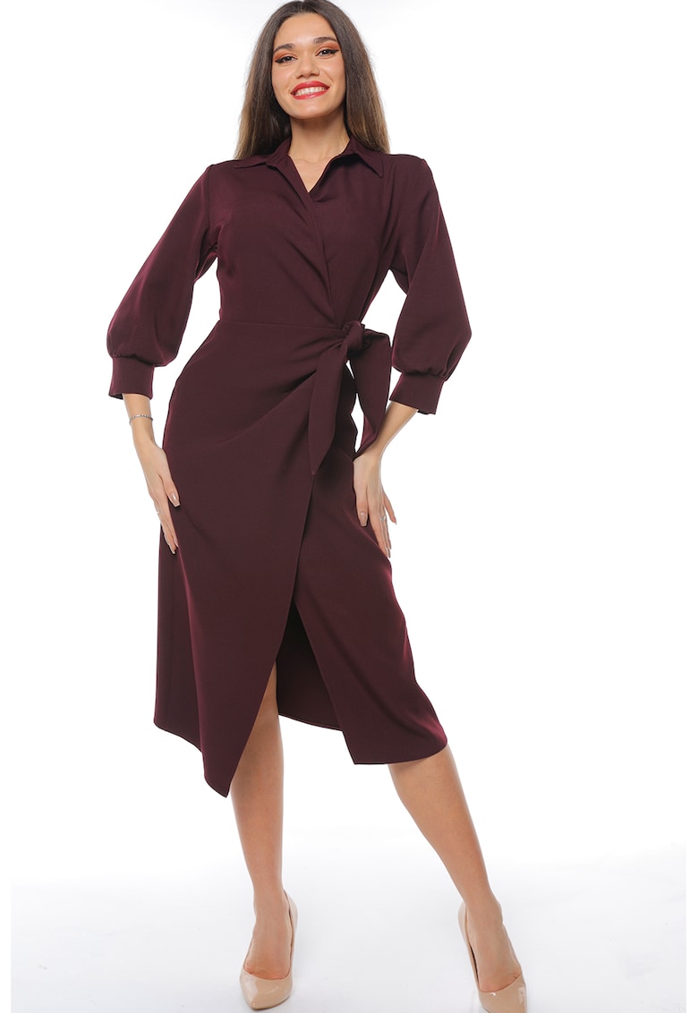 Rochie midi cu croiala petrecuta si slit frontal