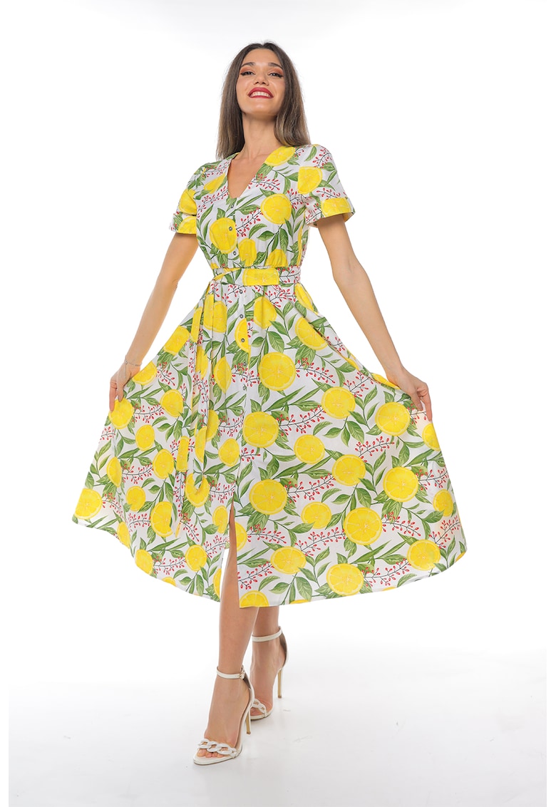 Rochie midi cu croiala evazata si cordon in talie