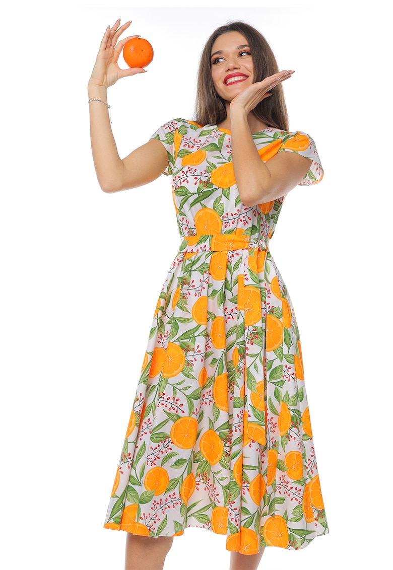 Rochie midi cu croiala evazata si maneci scurte