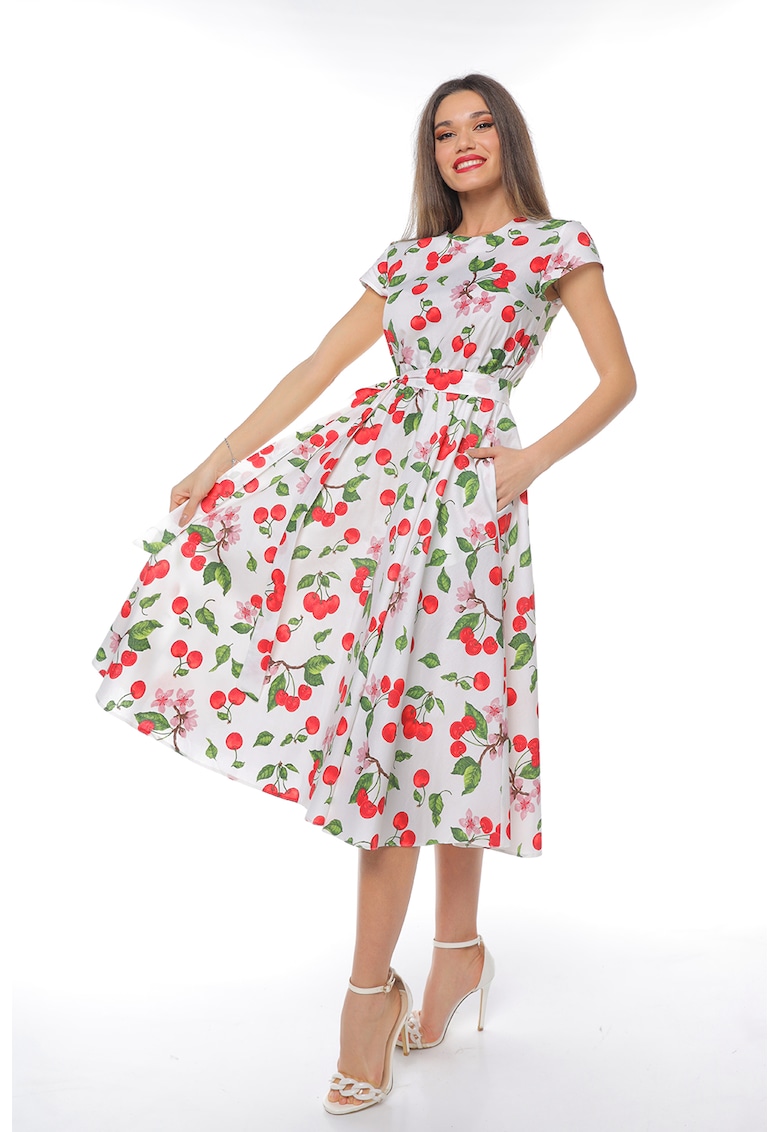 Rochie midi cu croiala evazata si maneci scurte