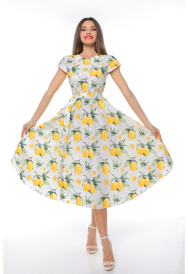 Rochie midi cu croiala evazata si maneci scurte