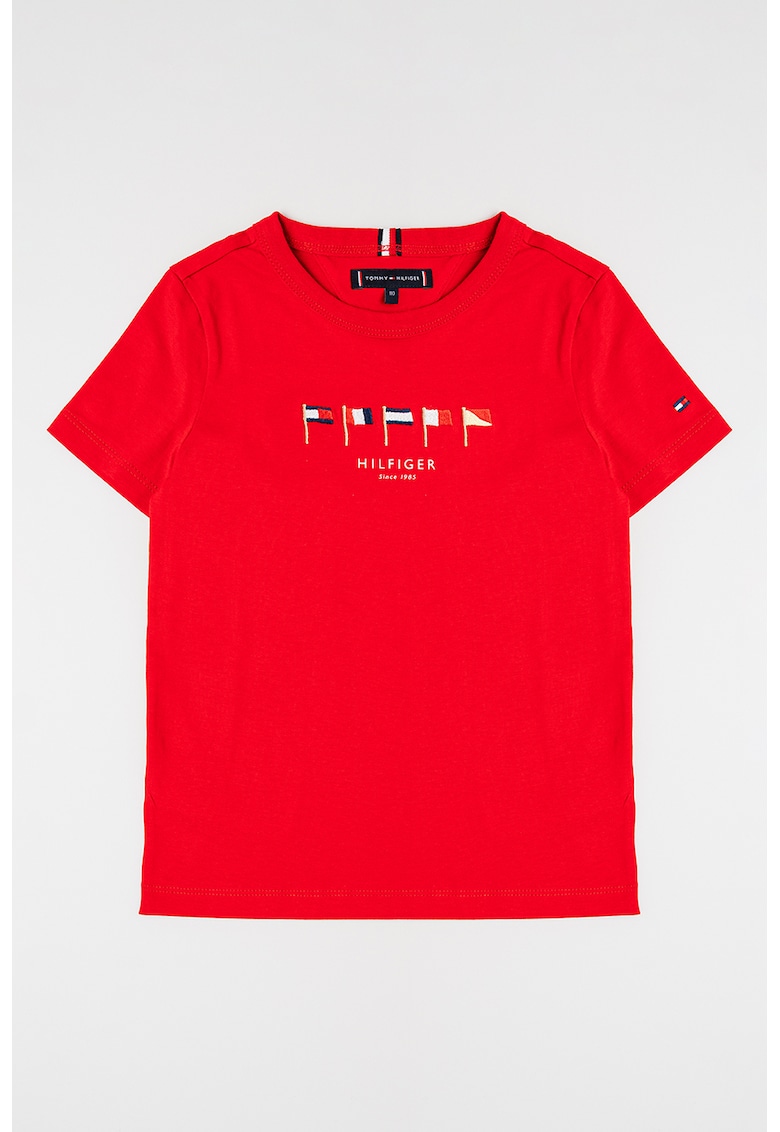 Tricou cu imprimeu logo si decolteu la baza gatului - Rosu vermillion