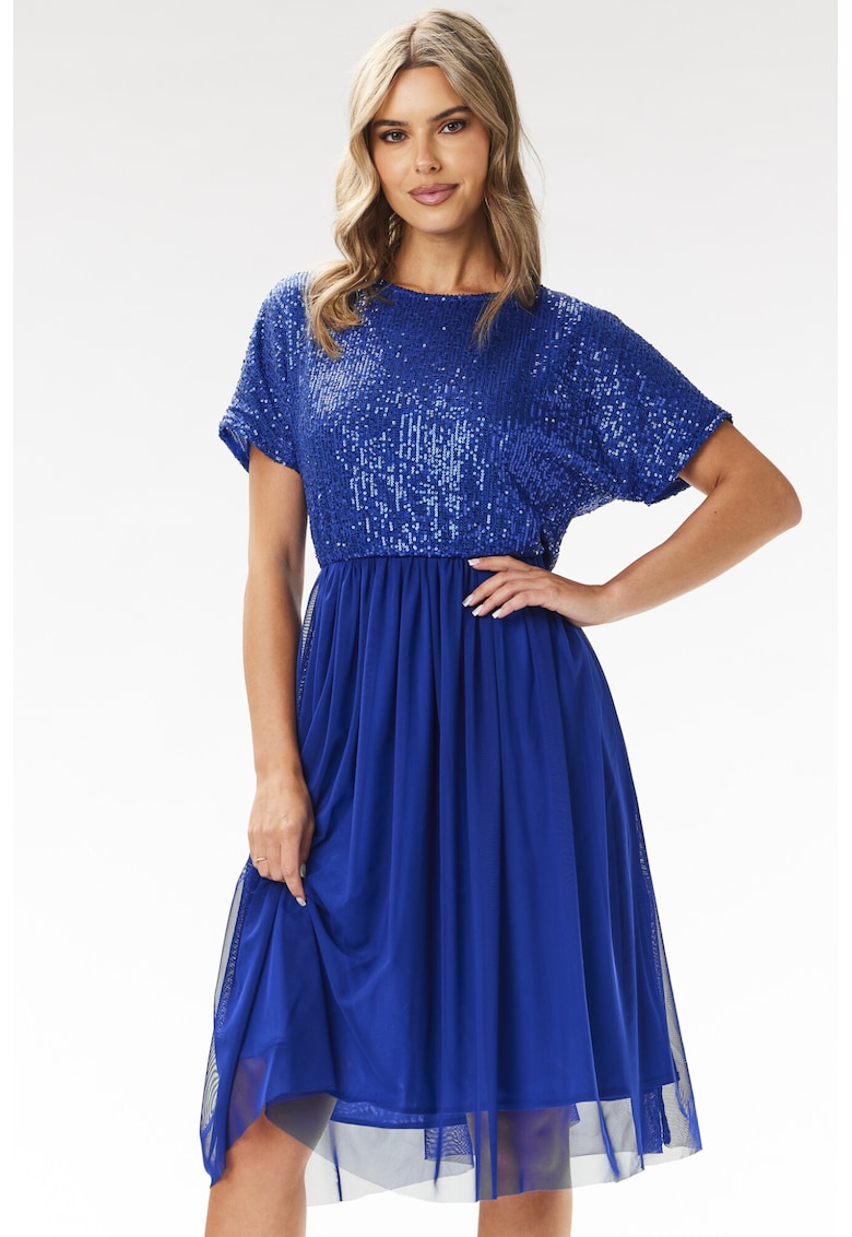 Rochie de seara midi paiete si tul - albastru - poliester/elastan