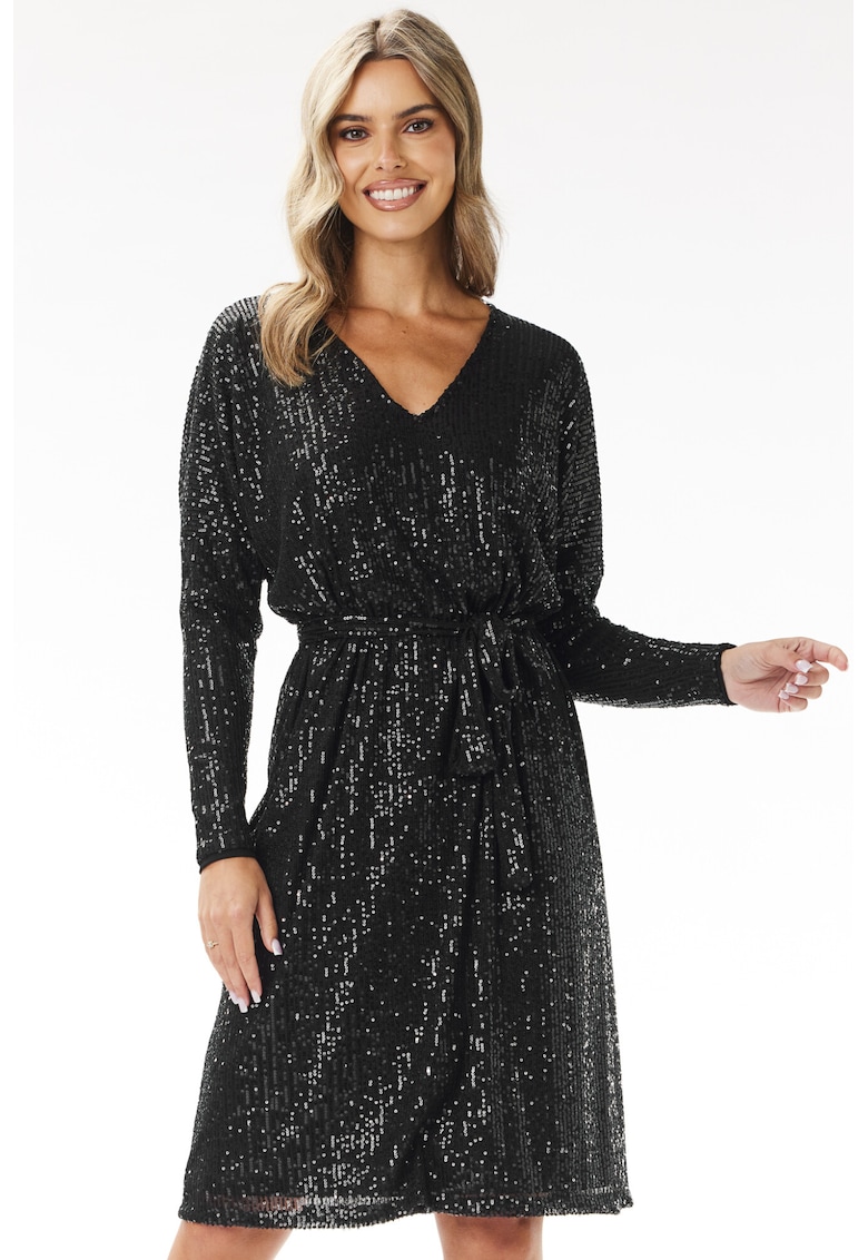 Rochie midi trapez decolteu V - paiete - negru - poliester-elastan