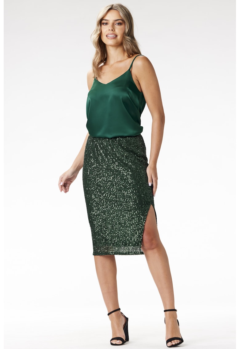 Fusta midi - paiete - verde sticla - poliester/elastan