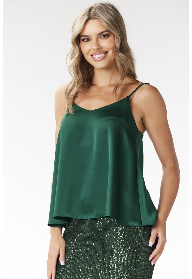 Top din satin - decolteu in V - lejer - verde sticla