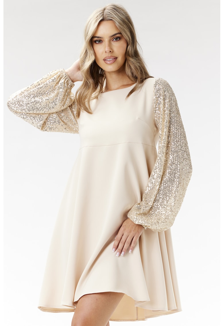 Rochie A694 - maneci paiete - bej - poliester-elastan