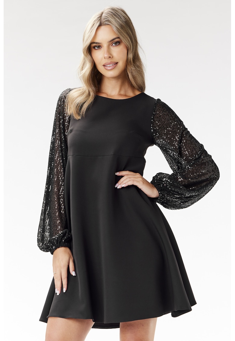 Rochie maneci paiete - negru - poliester-elastan