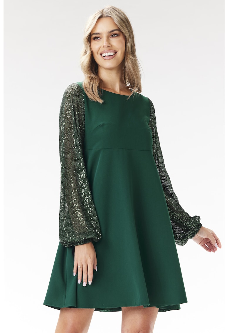 Rochie - A694 - maneca cu paiete - verde sticla - poliester-elastan