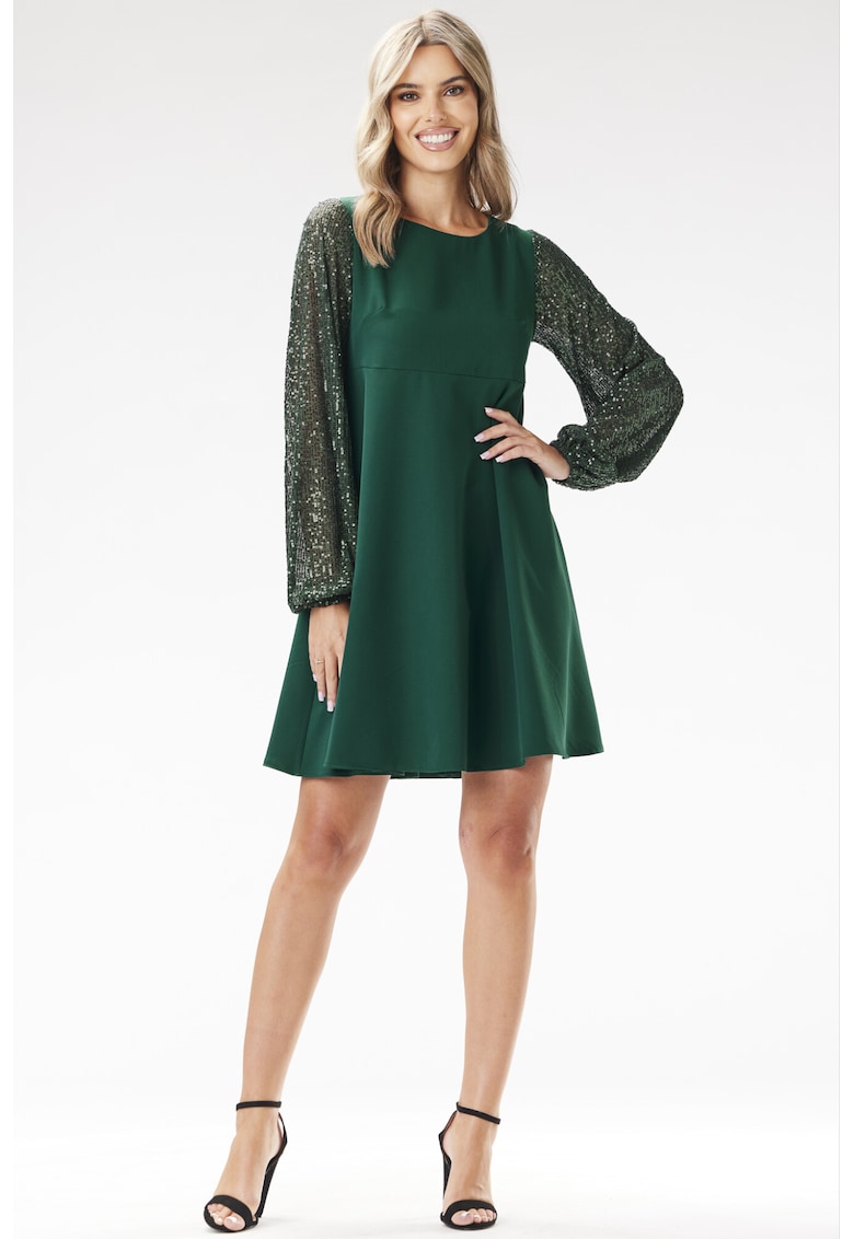 Rochie trapez mini cu maneci cu paiete - - Verde