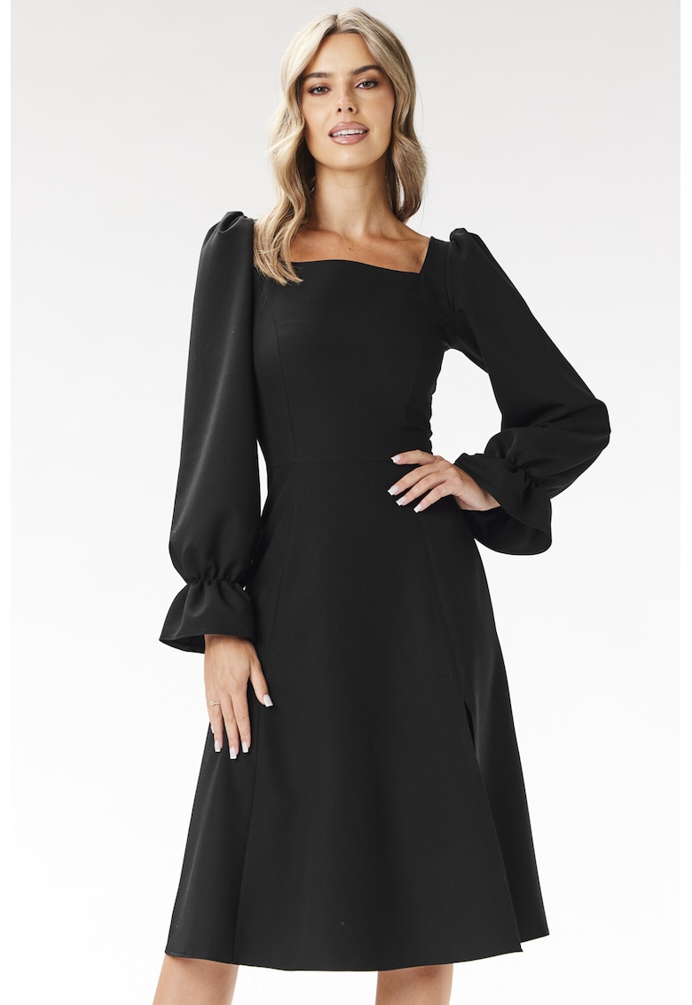 Rochie midi - decolteu patrat - maneci lungi - neagra - poliester-elastan