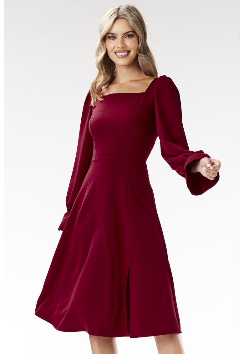 Rochie midi - decolteu patrat - maneci lungi - visiniu - poliester-elastan