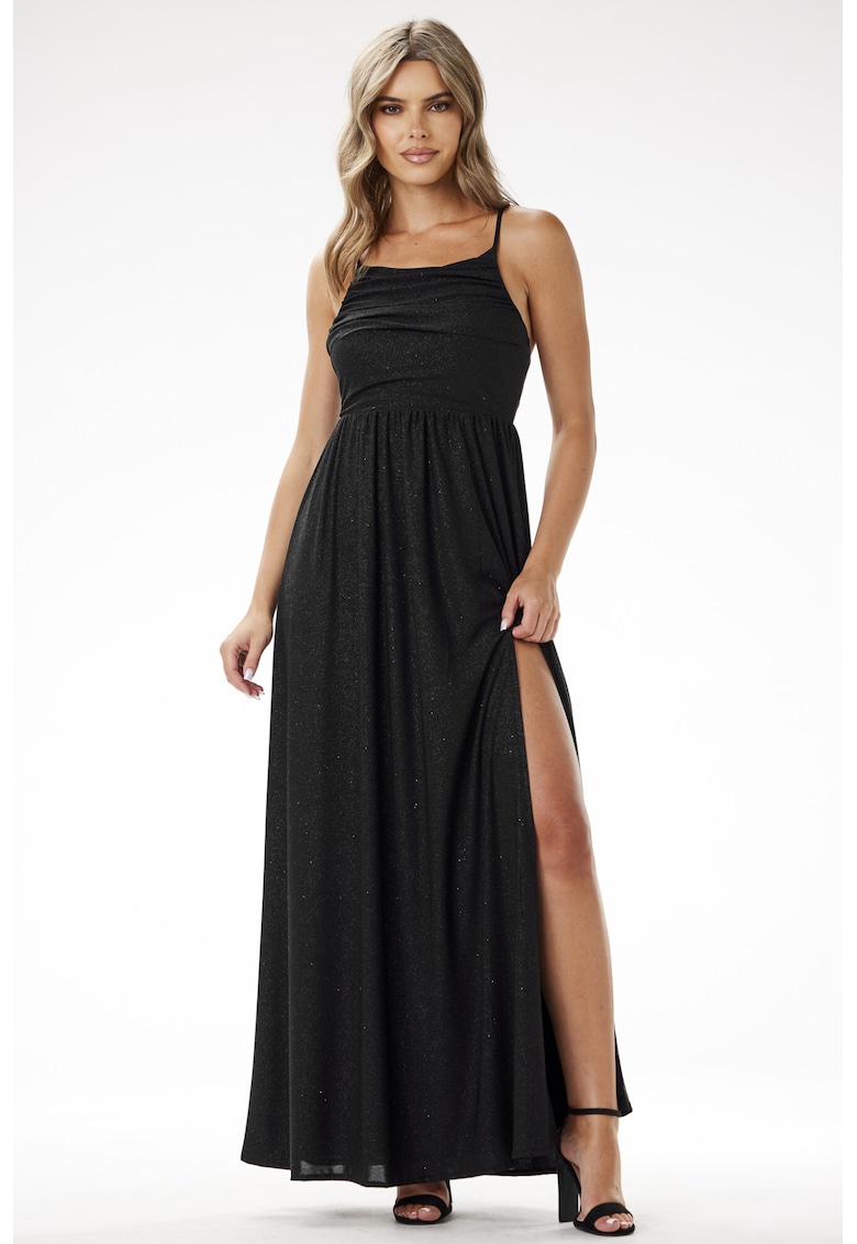 Rochie maxi - cu bretele - neagra - poliester
