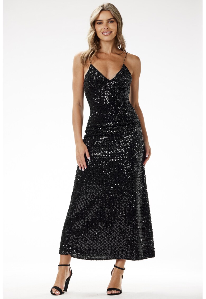 Rochie maxi - catifea cu paiete - negru - poliester