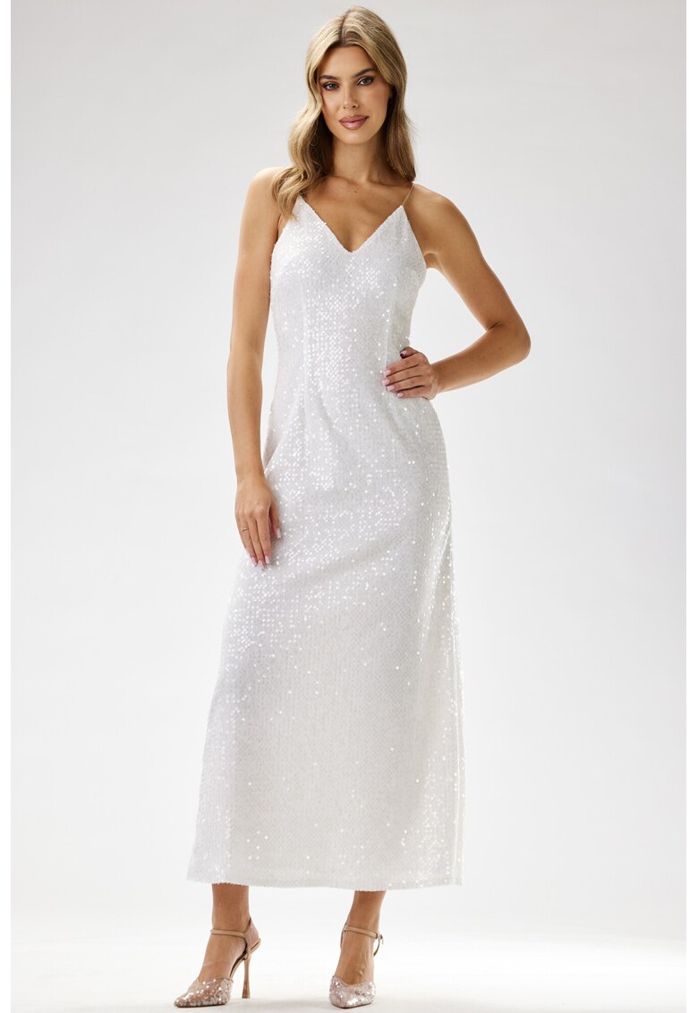 Rochie maxi - catifea cu paiete - alb - poliester