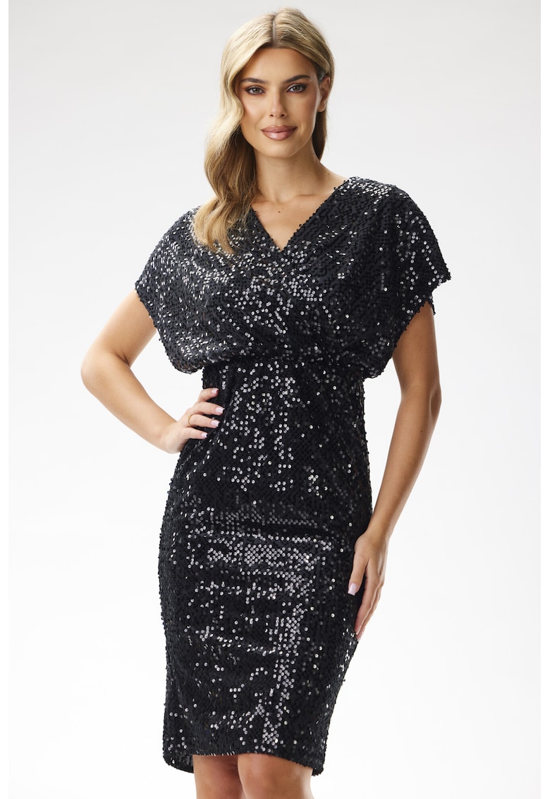 Rochie petrecuta midi cu paiete pe bretele - - Negru