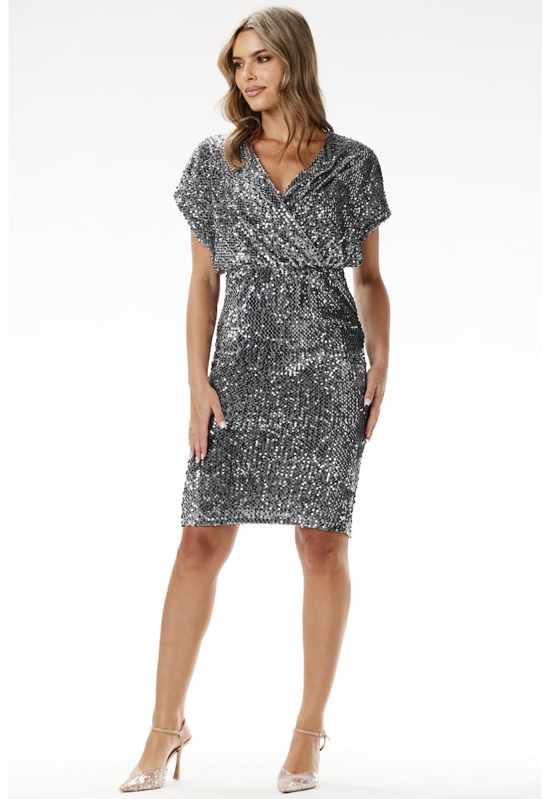 Rochie petrecuta midi cu paiete pe bretele - - Gri