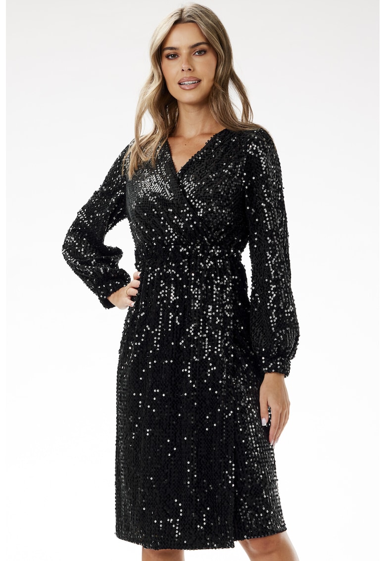 Rochie petrecuta midi cu paiete si maneci lungi - - Negru