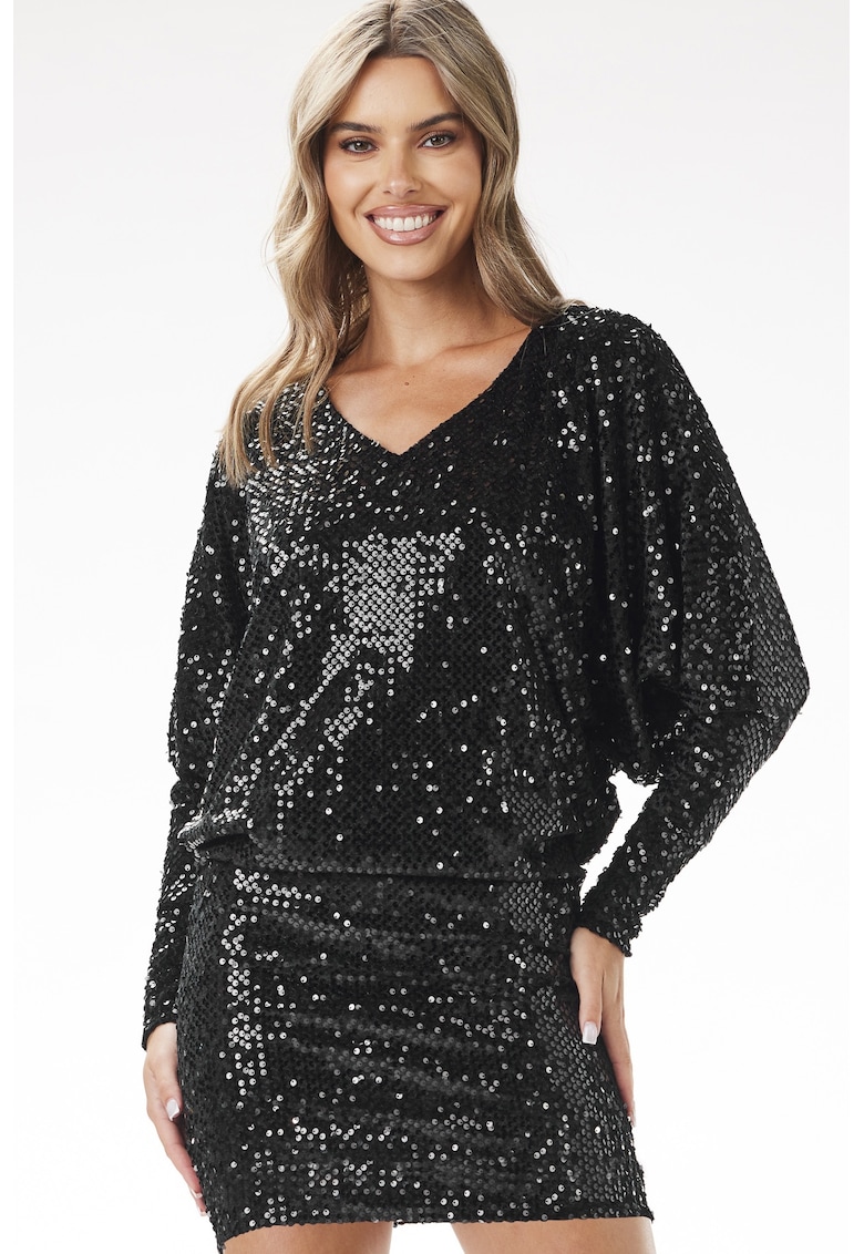 Rochie mini tip chimono cu paiete si maneci lungi - - Negru