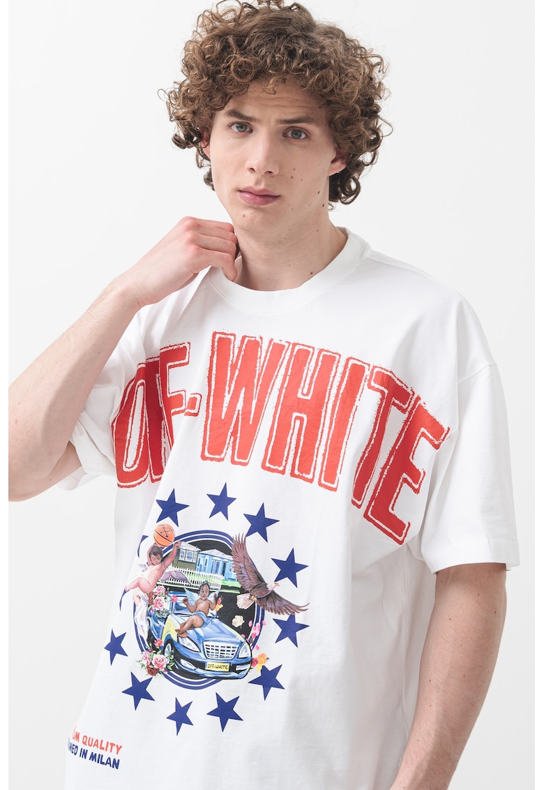 Tricou lejer cu logo si decolteu la baza gatului - Rosu/Albastru inchis/Alb optic