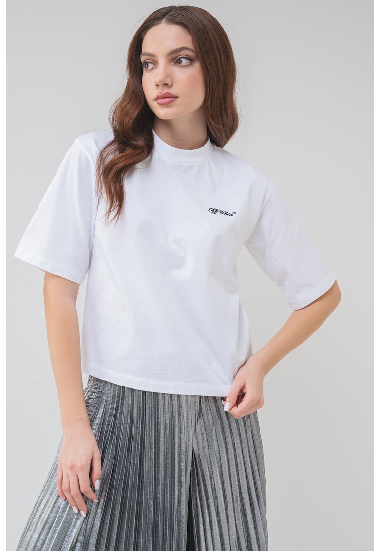 Tricou cu text brodat si decolteu la baza gatului - Negru stins/Alb optic