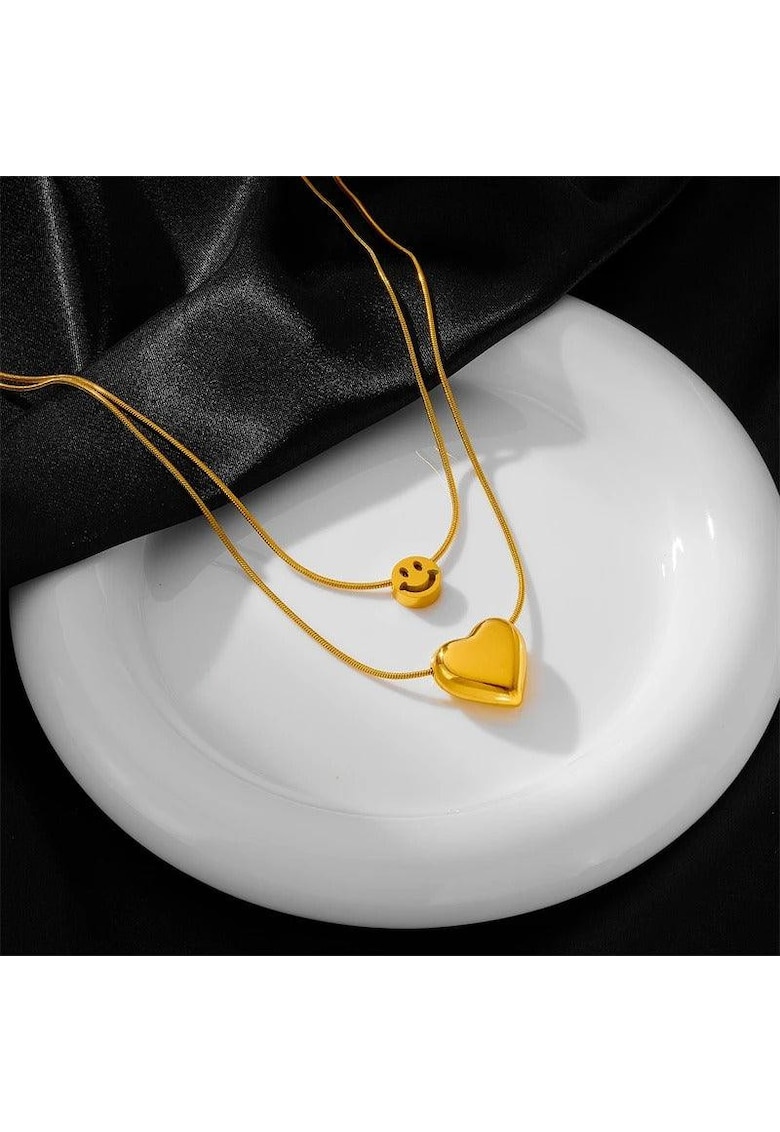 Colier auriu - din otel inoxidabil - in 2 straturi - cu inima si smiley - suflat cu aur 18k - Anabela C1