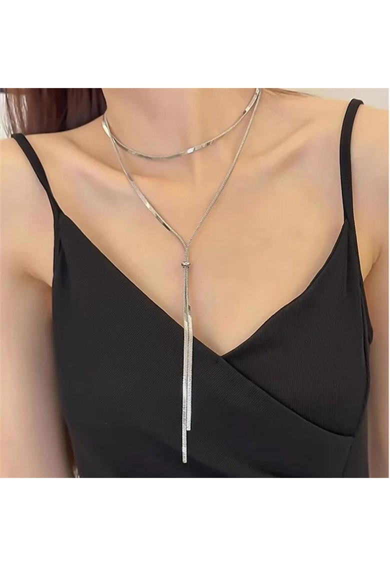 Colier argintiu - din otel inoxidabil - lung - suflat cu aur 18k - Aminda C1