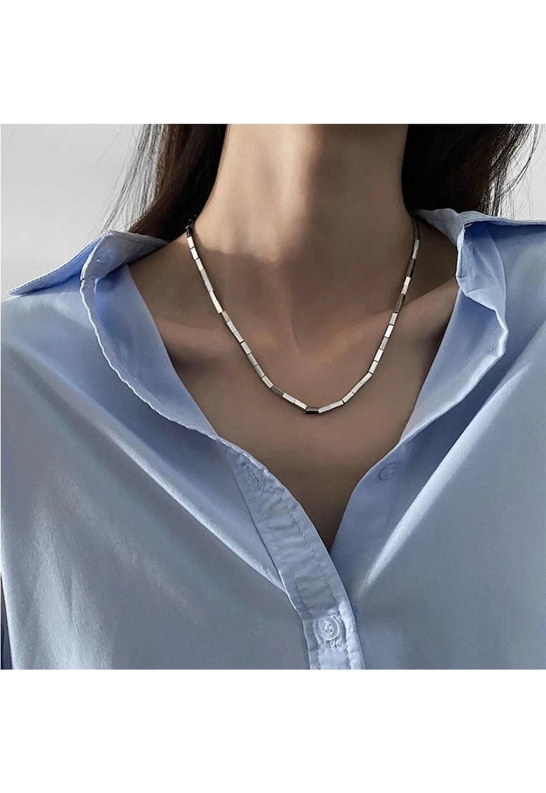 Colier argintiu - din otel inoxidabil - cu piese geometrice - suflat cu aur 18k - Amilia C1