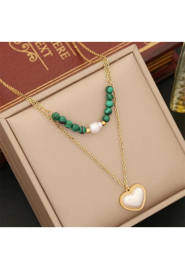 Colier auriu - din otel inoxidabil - in 2 straturi - cu inimioara - perle si margelute - suflat cu aur 18k - Amelia C1