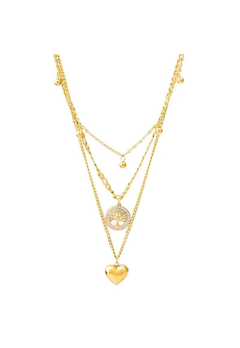 Colier auriu - din otel inoxidabil - in 3 straturi - cu inimioara si copacul vietii - suflat cu aur 18k - Ama C1