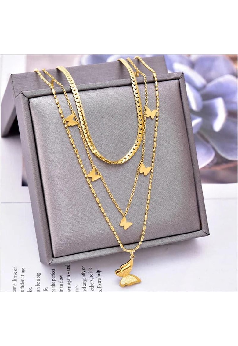 Colier auriu - din otel inoxidabil - in 3 straturi - cu fluturasi - suflat cu aur 18k - Ama C1