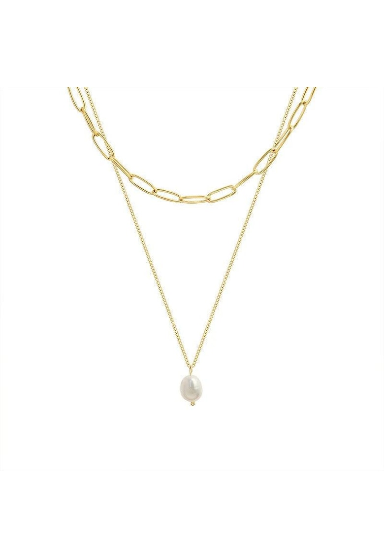 Colier auriu - din otel inoxidabil - in 2 straturi - cu perluta - suflat cu aur 18k - Amadea C1