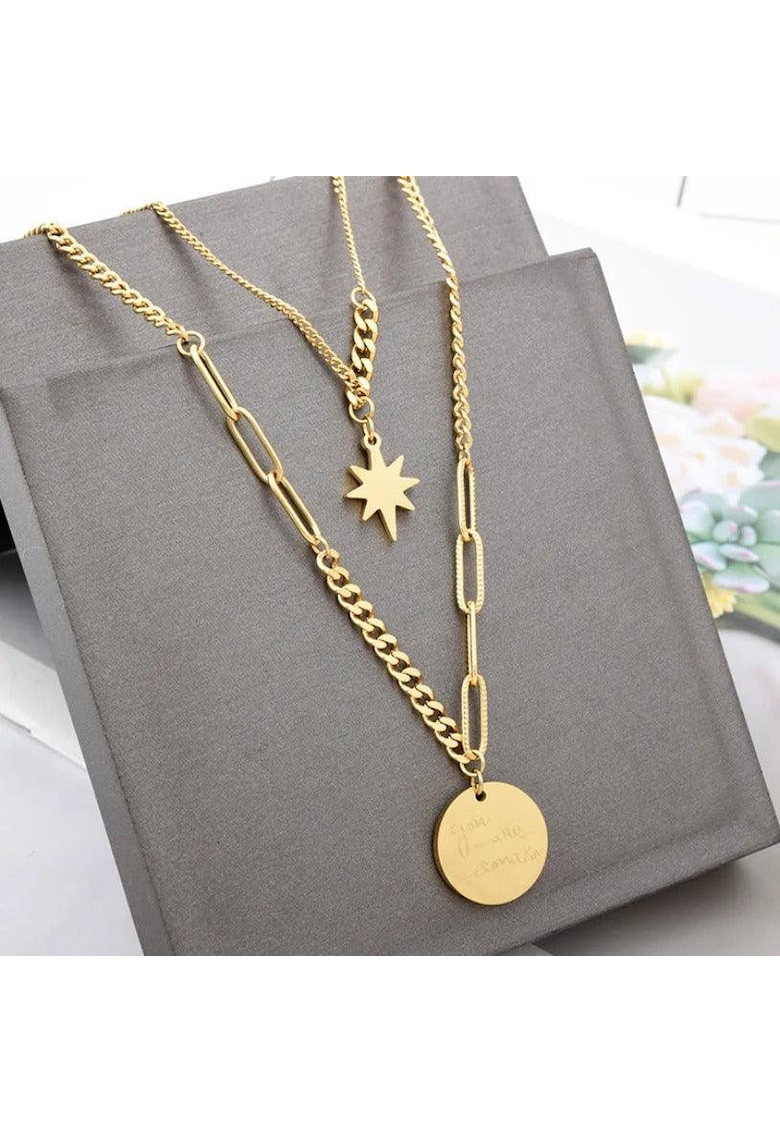 Colier auriu - din otel inoxidabil - in 2 straturi - cu pandantiv si steluta - suflat cu aur 18k - Alvida C1