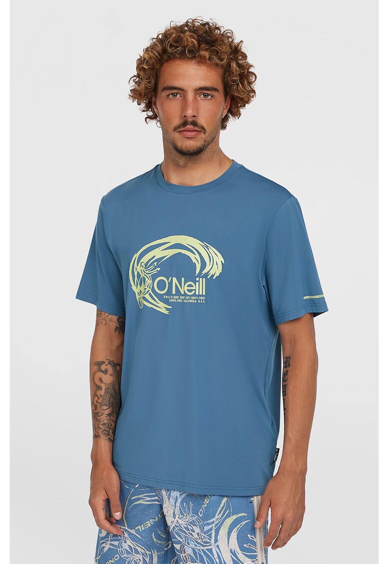 Tricou cu imprimeu si decolteu la baza gatului - Galben pal/Albastru