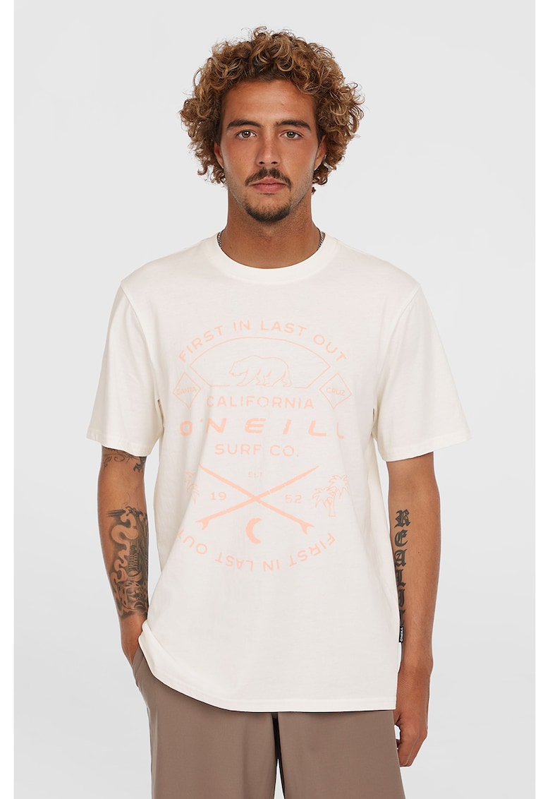 Tricou cu imprimeu si decolteu la baza gatului - Portocaliu pal/Alb murdar