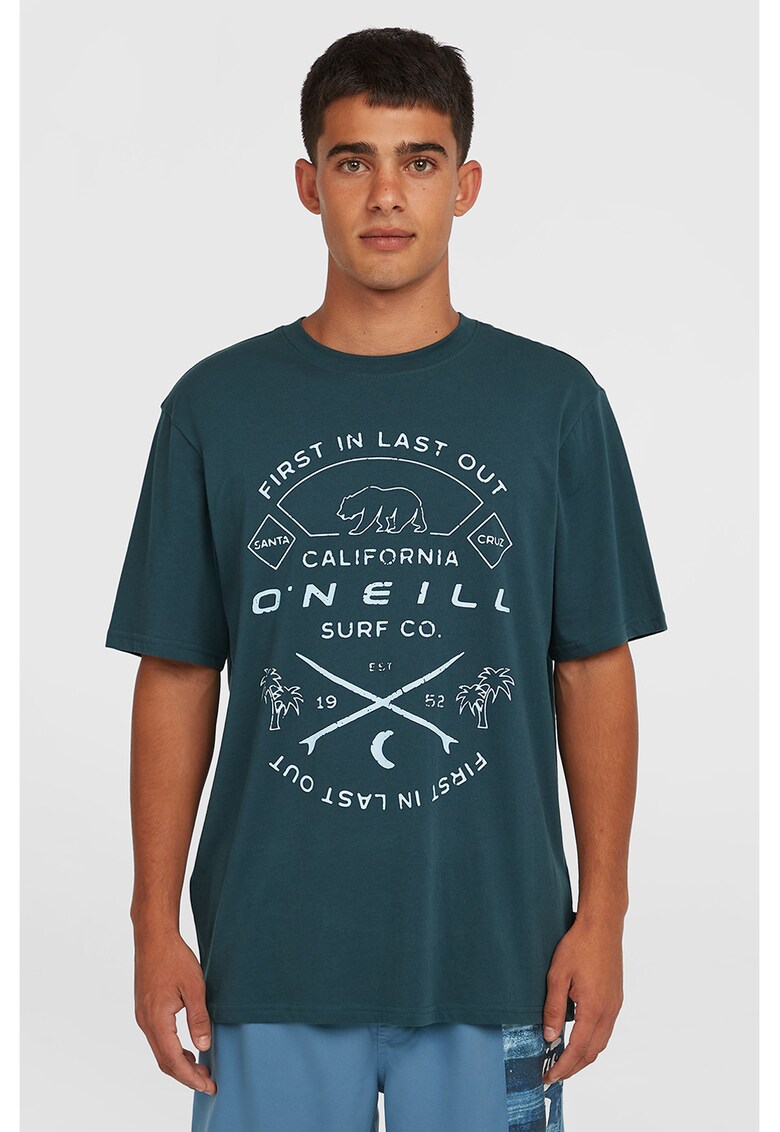 Tricou cu imprimeu si decolteu la baza gatului - Alb optic/Albastru petrol