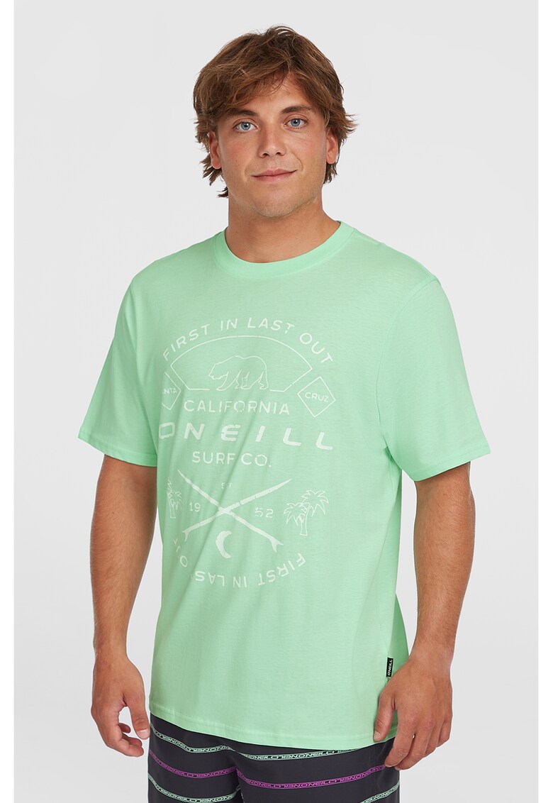 Tricou cu imprimeu si decolteu la baza gatului - Alb optic/Verde menta