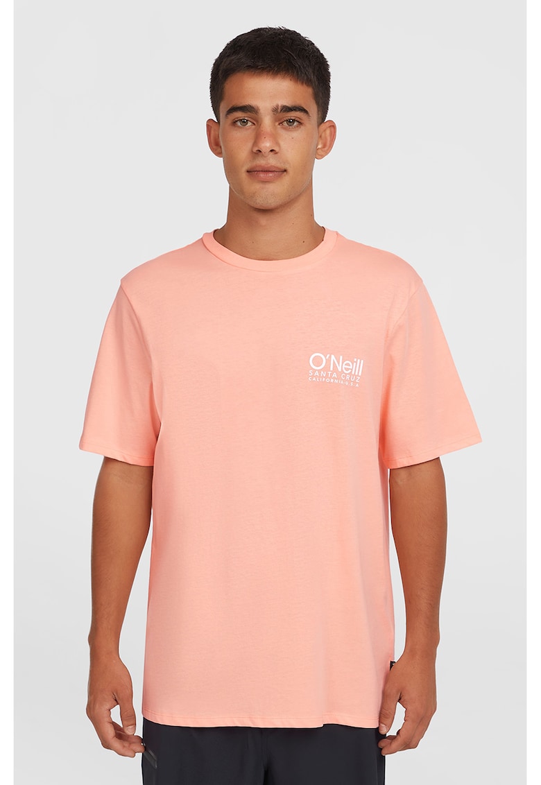 Tricou cu decolteu la baza gatului si logo pe piept - Roz somon/Alb optic