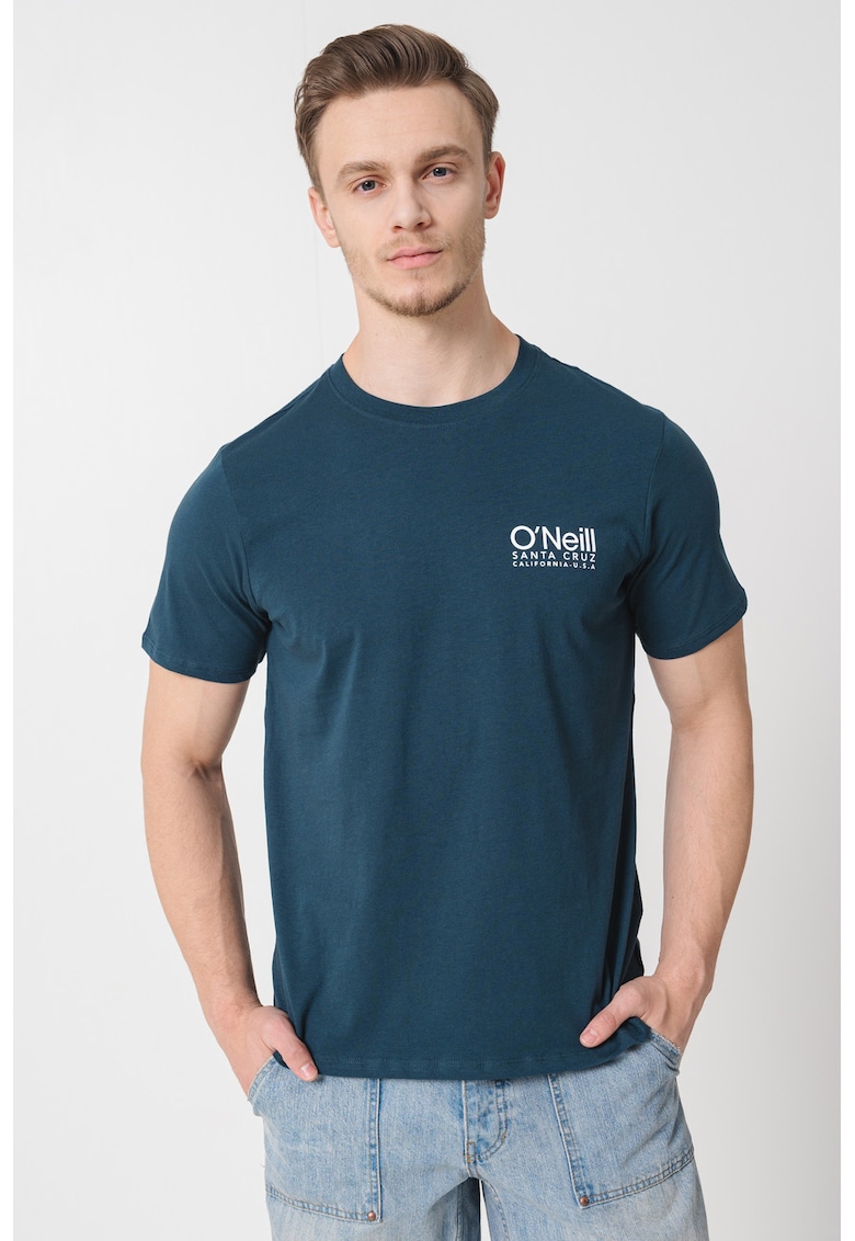 Tricou cu decolteu la baza gatului si logo pe piept - Alb optic/Albastru petrol