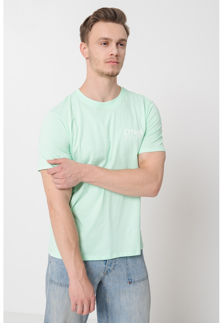 Tricou cu decolteu la baza gatului si logo pe piept - Alb optic/Verde menta