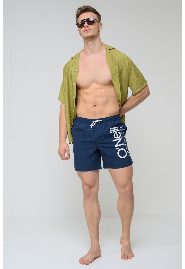 Pantaloni scurti de baie cu snur si logo - Alb/Bleumarin