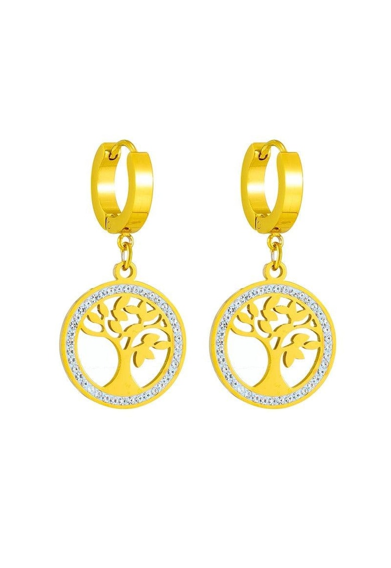 Cercei aurii - din otel inoxidabil - cu arborele vietii si cristale - suflati cu aur 18k - Barbara C2
