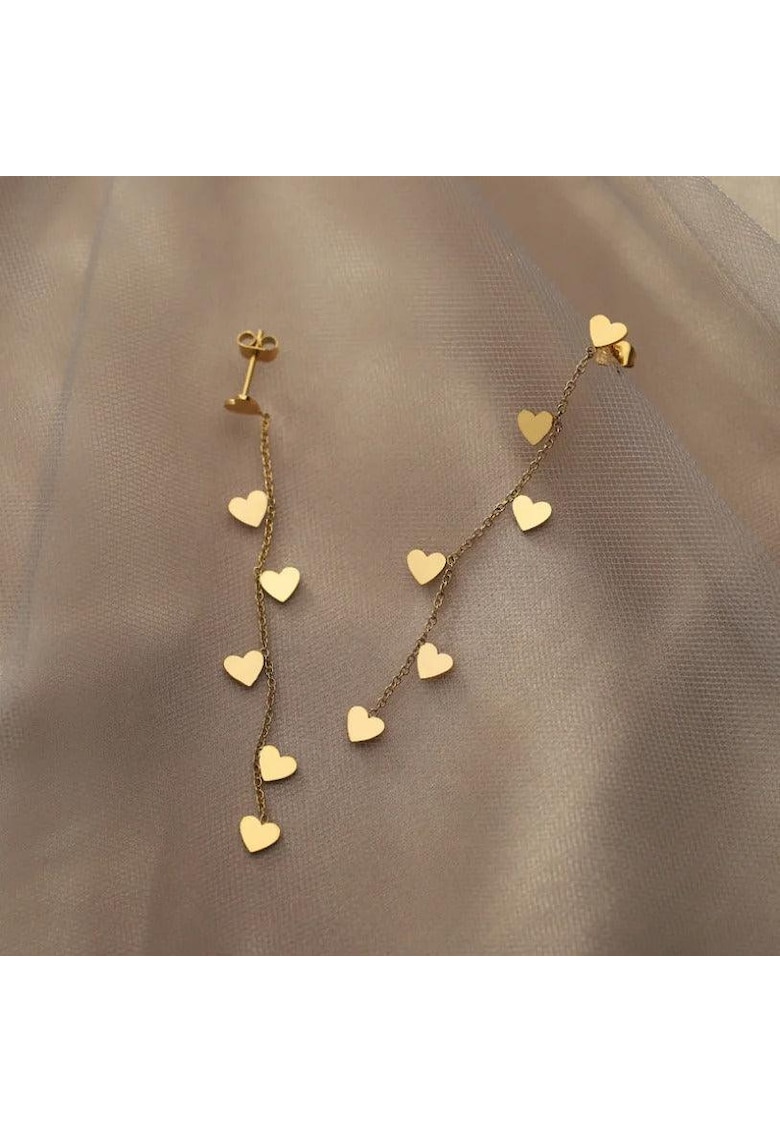 Cercei aurii - din otel inoxidabil - lungi - cu inimioare - suflati cu aur 18k - Beda C2